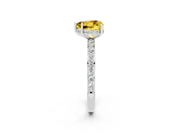 White gold Heart Cut Yellow Sapphire Solitaire Ring with Pavé Band and Hidden Halo