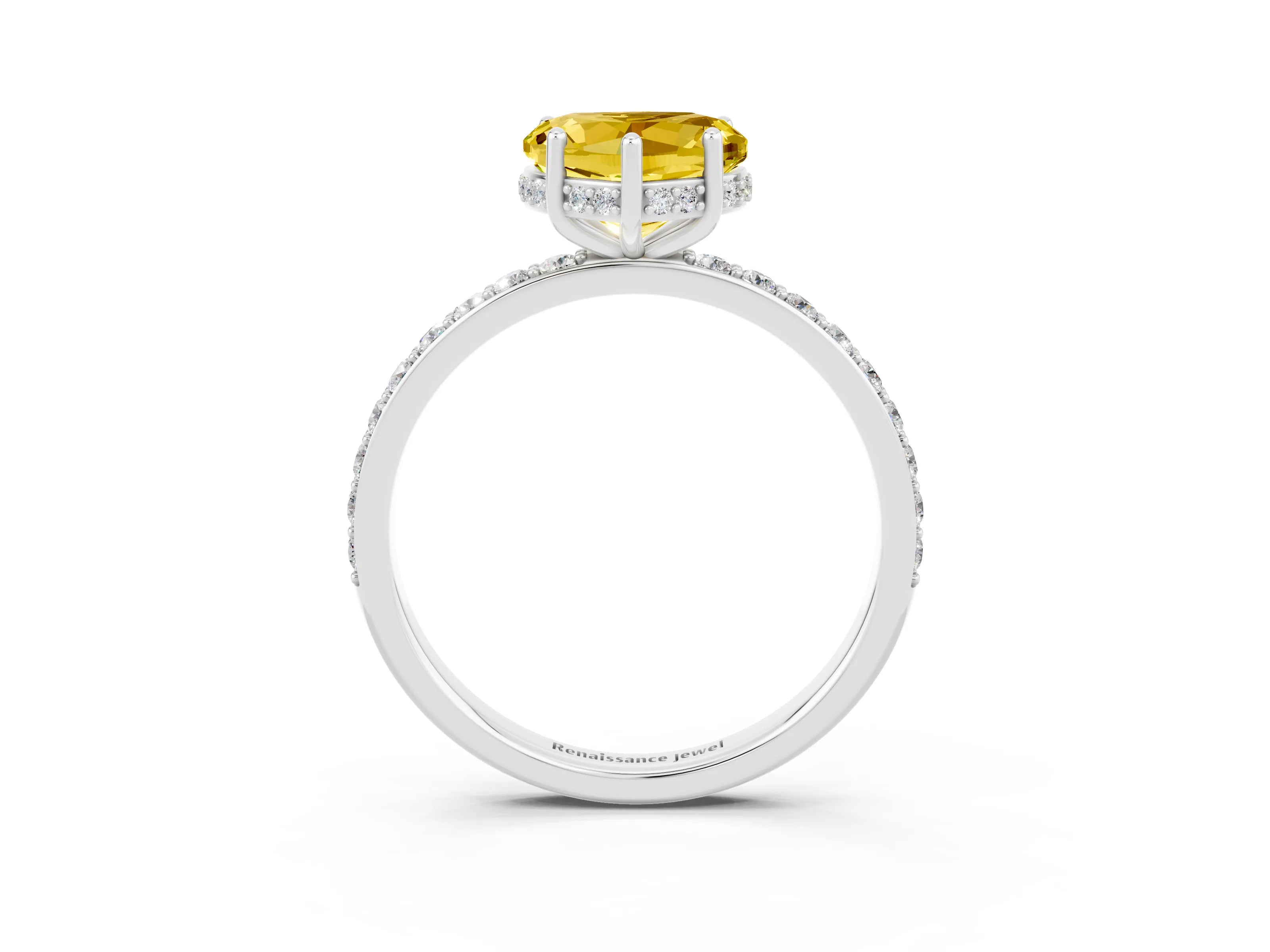 White gold Heart Cut Yellow Sapphire Solitaire Ring with Pavé Band and Hidden Halo_27