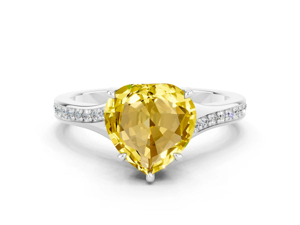 Silver Heart Cut Yellow Sapphire Solitaire Ring with Pavé Band and Prong Setting