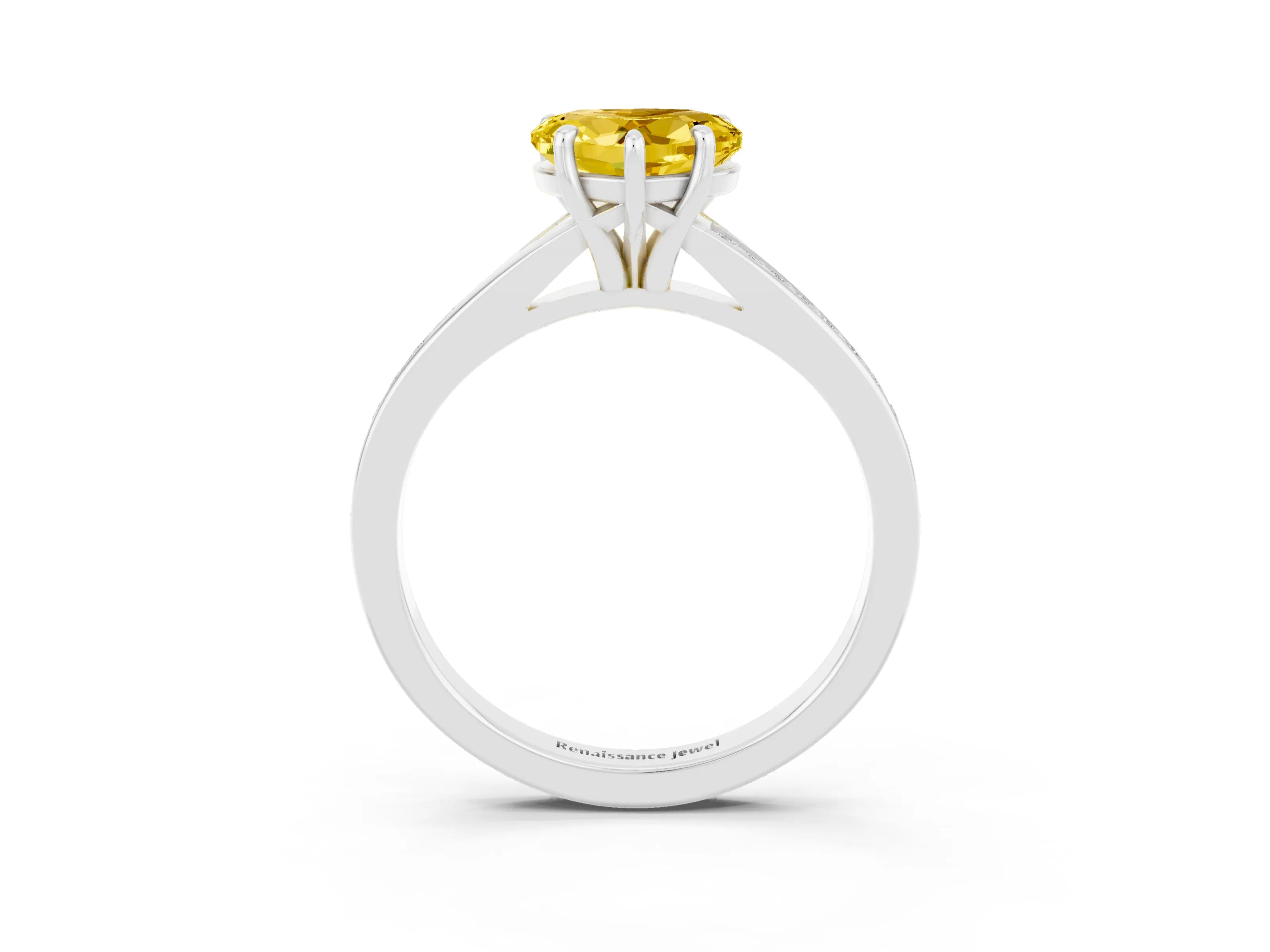 White gold Heart Cut Yellow Sapphire Solitaire Ring with Pavé Band and Prong Setting_3