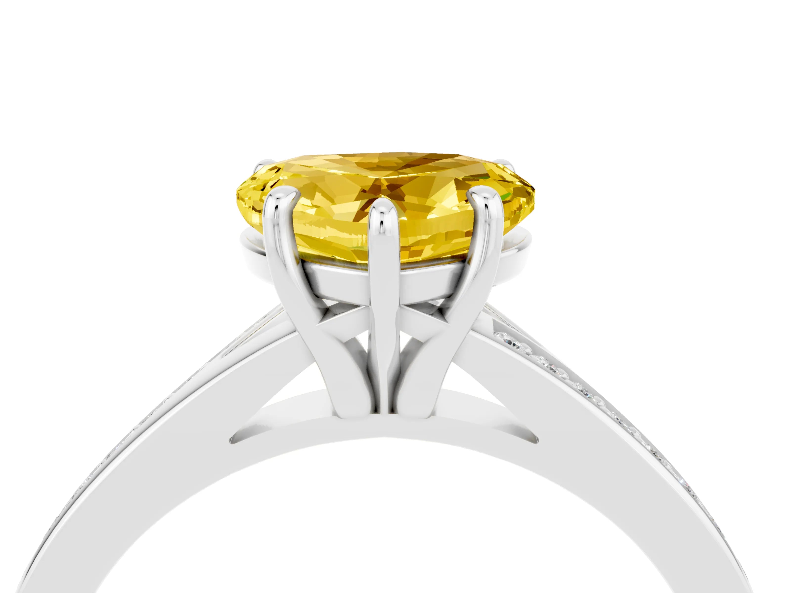 White gold Heart Cut Yellow Sapphire Solitaire Ring with Pavé Band and Prong Setting_4