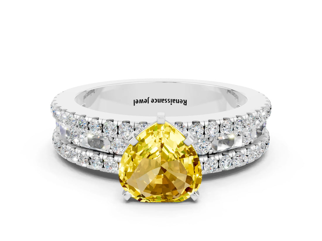 White gold Heart Cut Yellow Sapphire Solitaire Ring with Pavé and Channel Set Band_24