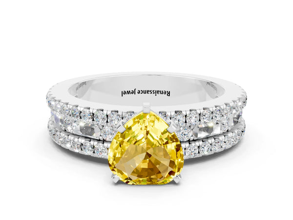 Silver Heart Cut Yellow Sapphire Solitaire Ring with Pavé and Channel Set Band