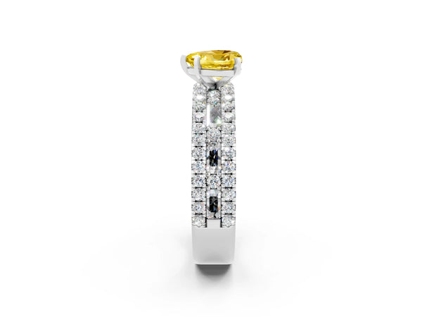 White gold Heart Cut Yellow Sapphire Solitaire Ring with Pavé and Channel Set Band