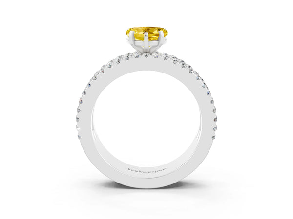 White gold Heart Cut Yellow Sapphire Solitaire Ring with Pavé and Channel Set Band