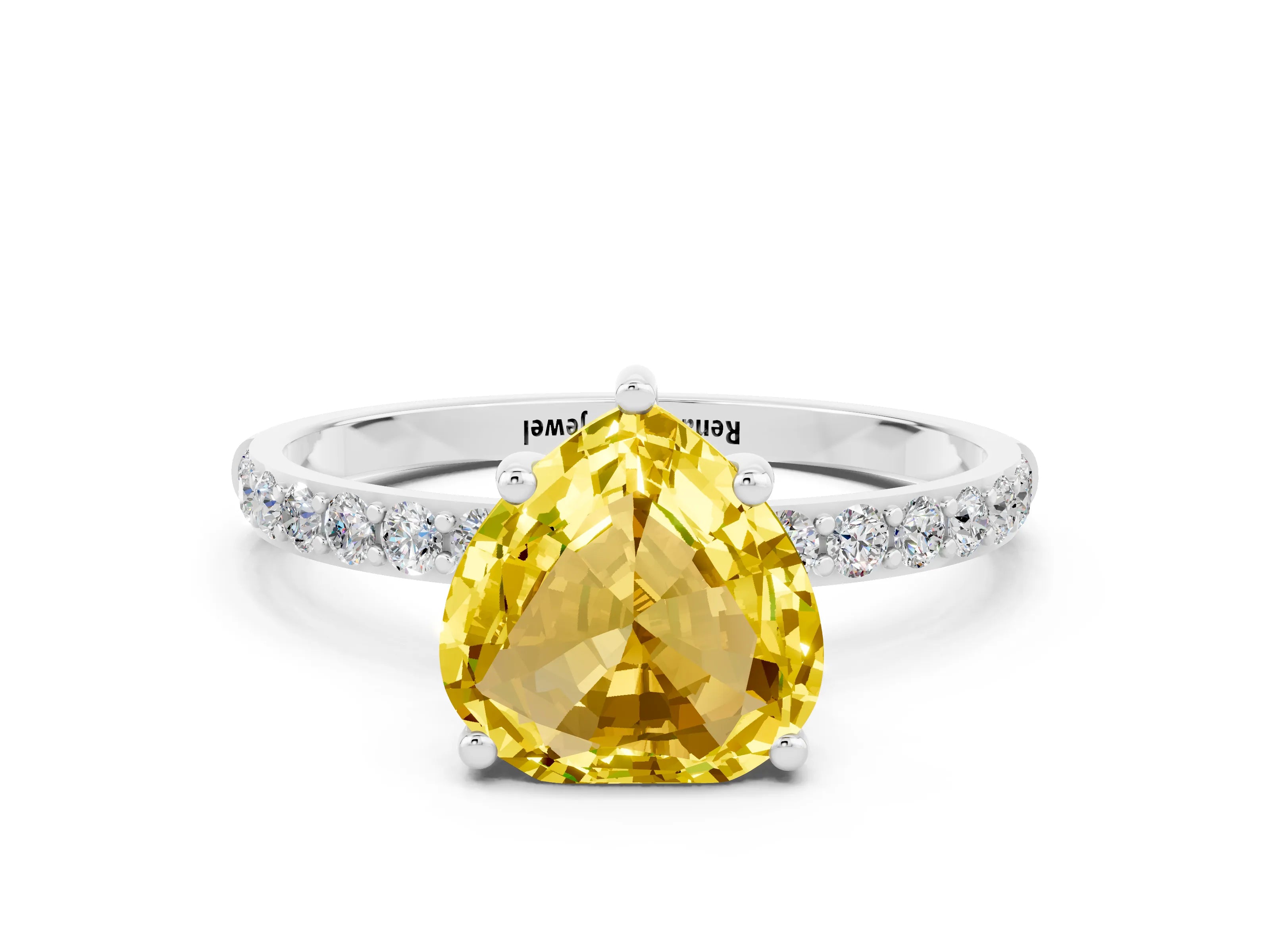 White gold Heart Cut Yellow Sapphire Solitaire Ring with Pave Band and Four Prong Setting_48