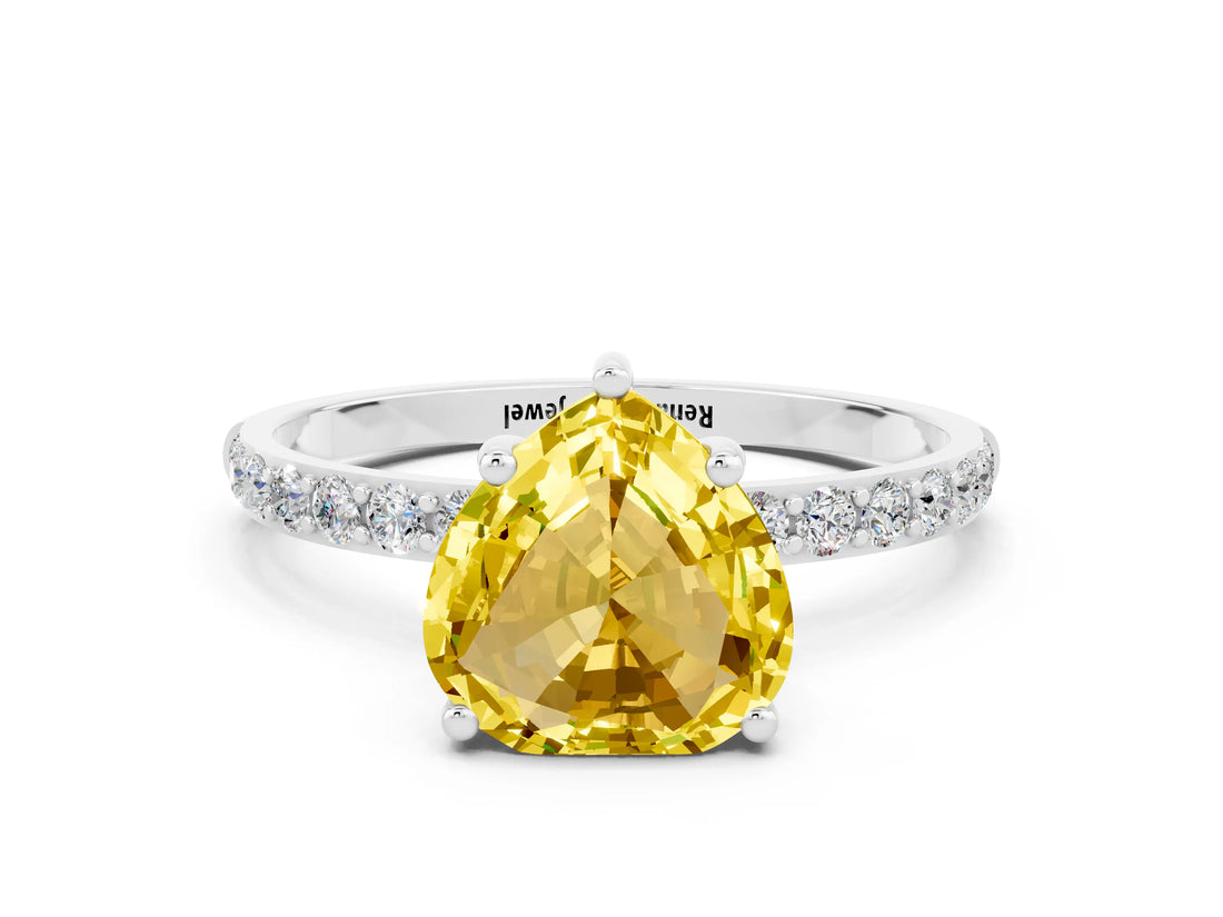 White gold Heart Cut Yellow Sapphire Solitaire Ring with Pave Band and Four Prong Setting_48