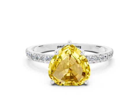 White gold Heart Cut Yellow Sapphire Solitaire Ring with Pave Band and Four Prong Setting_48