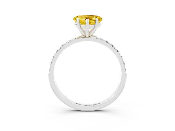 White gold Heart Cut Yellow Sapphire Solitaire Ring with Round  Pavé Band and Prong Setting