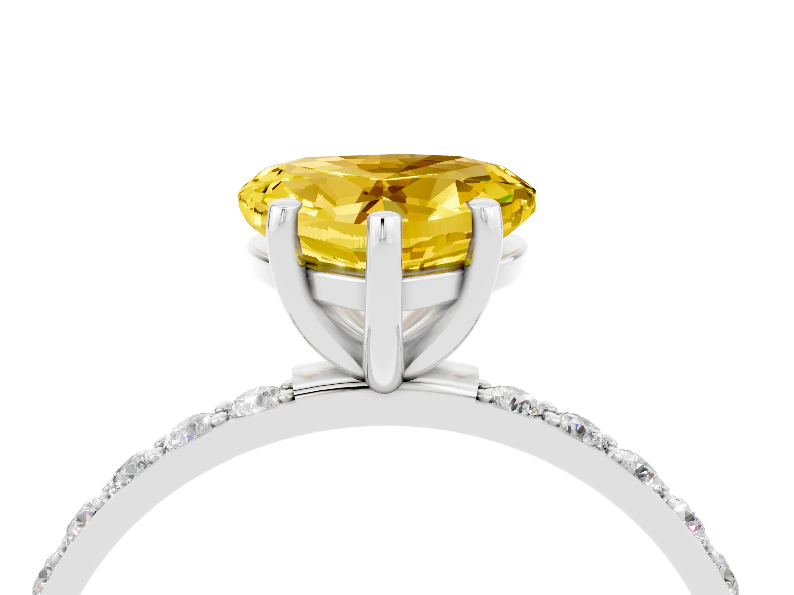 White gold Heart Cut Yellow Sapphire Solitaire Ring with Pave Band and Four Prong Setting_52