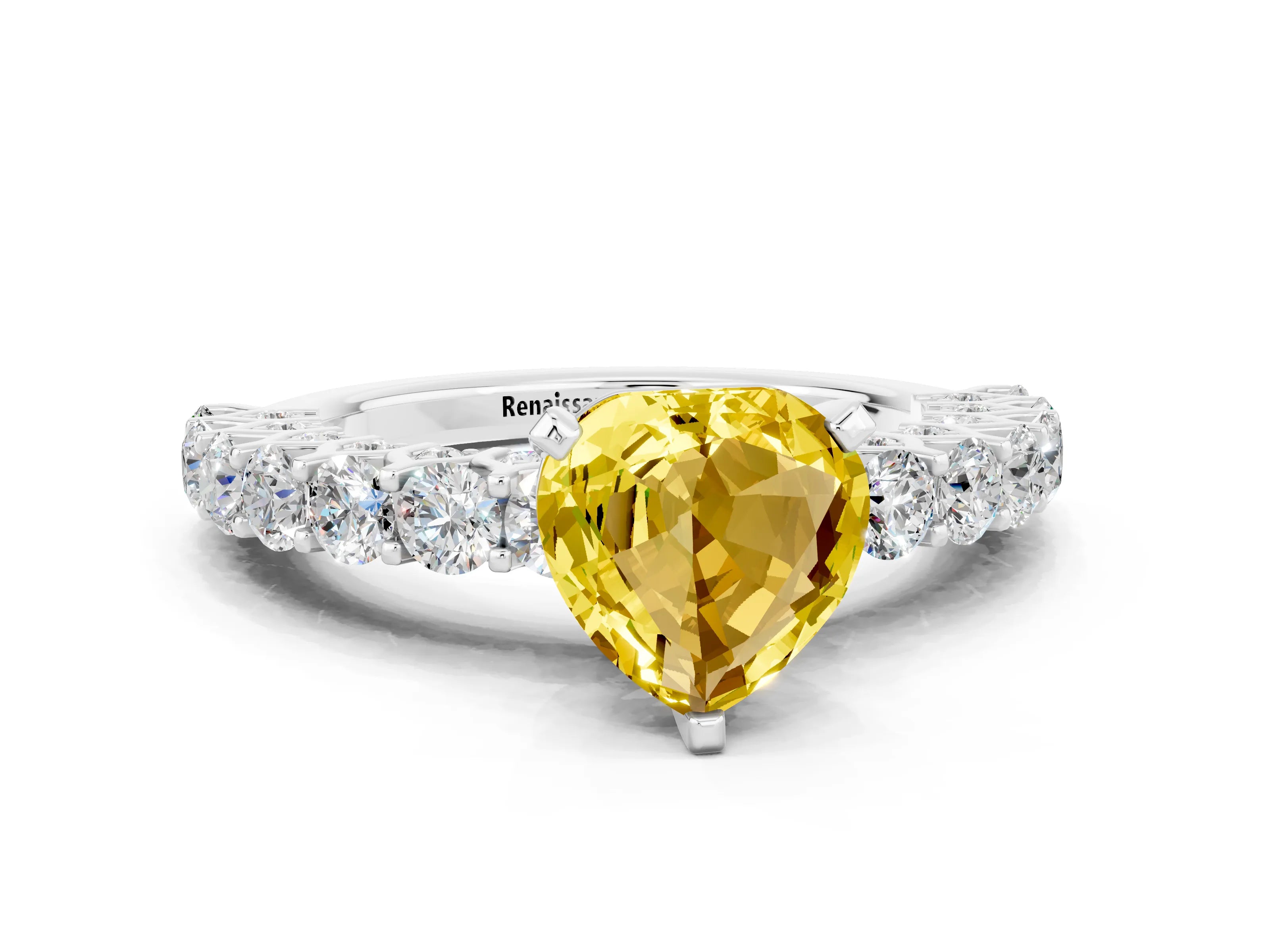 White gold Heart Cut Yellow Sapphire Solitaire Ring with Shared Prong Pavé Band and Four-Prong Setting_12