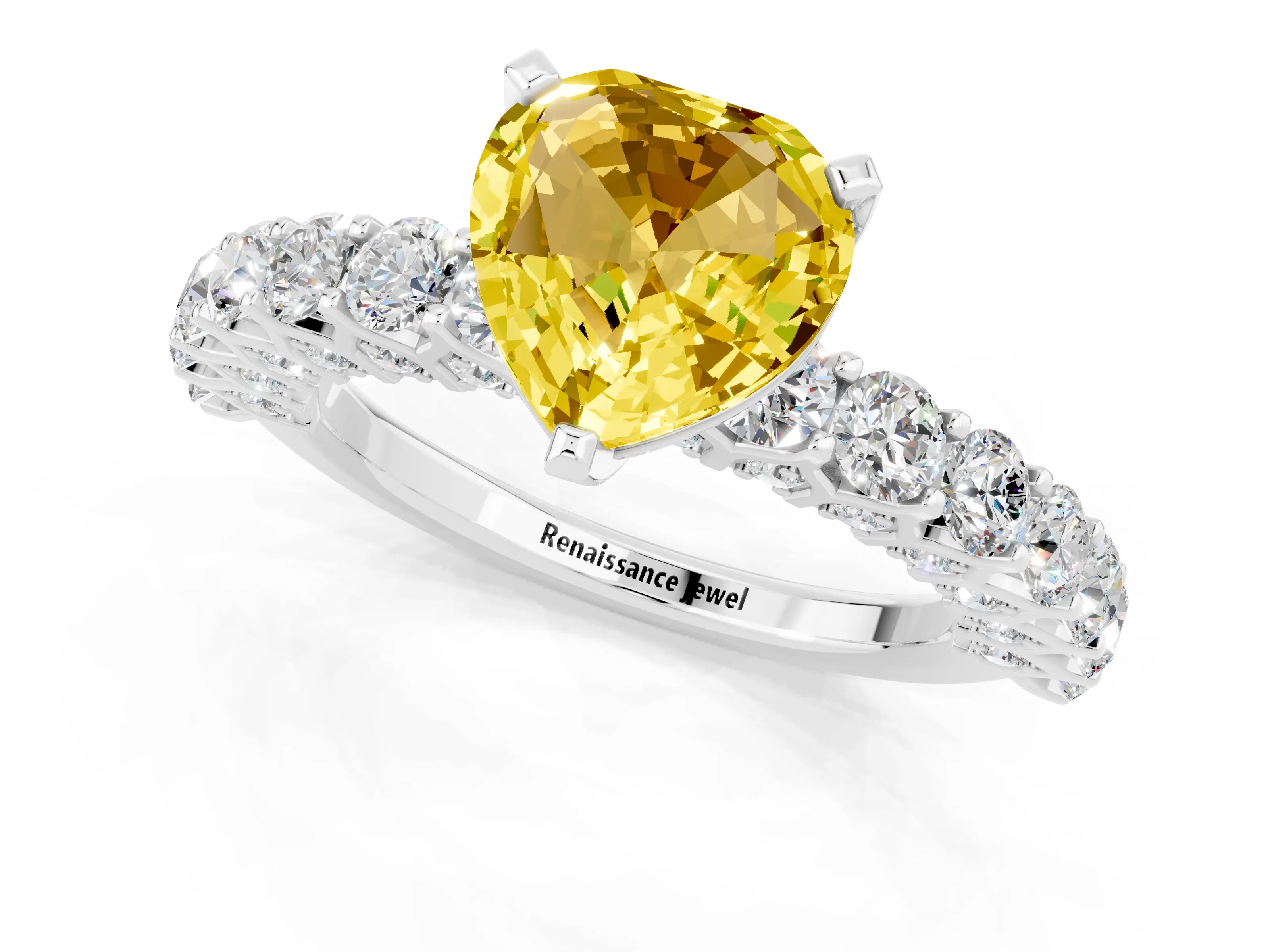 White gold Heart Cut Yellow Sapphire Solitaire Ring with Shared Prong Pavé Band and Four-Prong Setting_13