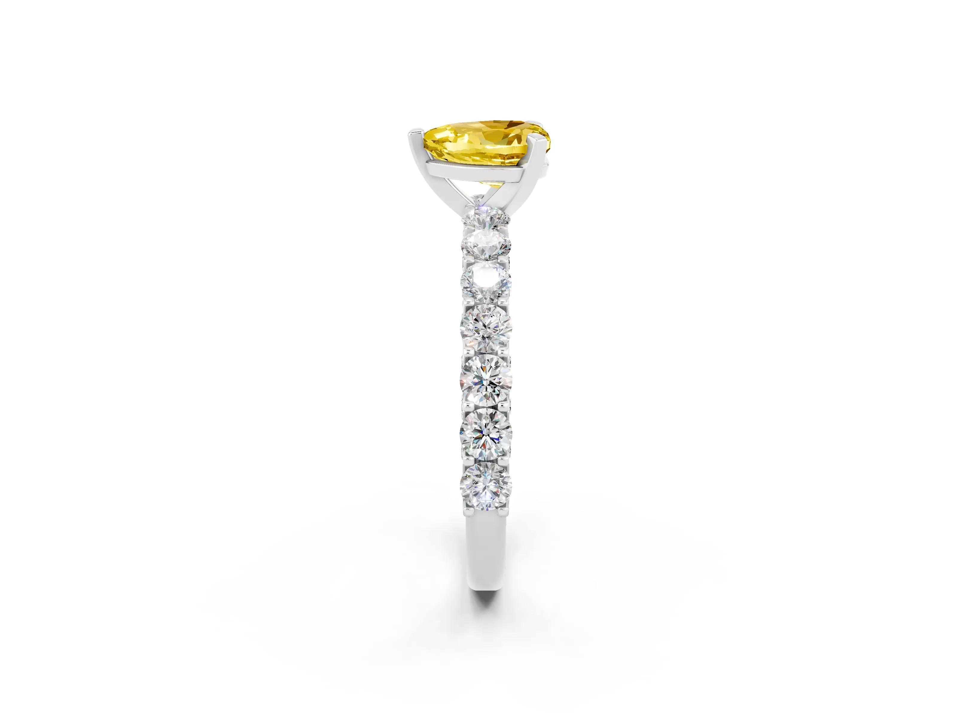 White gold Heart Cut Yellow Sapphire Solitaire Ring with Shared Prong Pavé Band and Four-Prong Setting_14