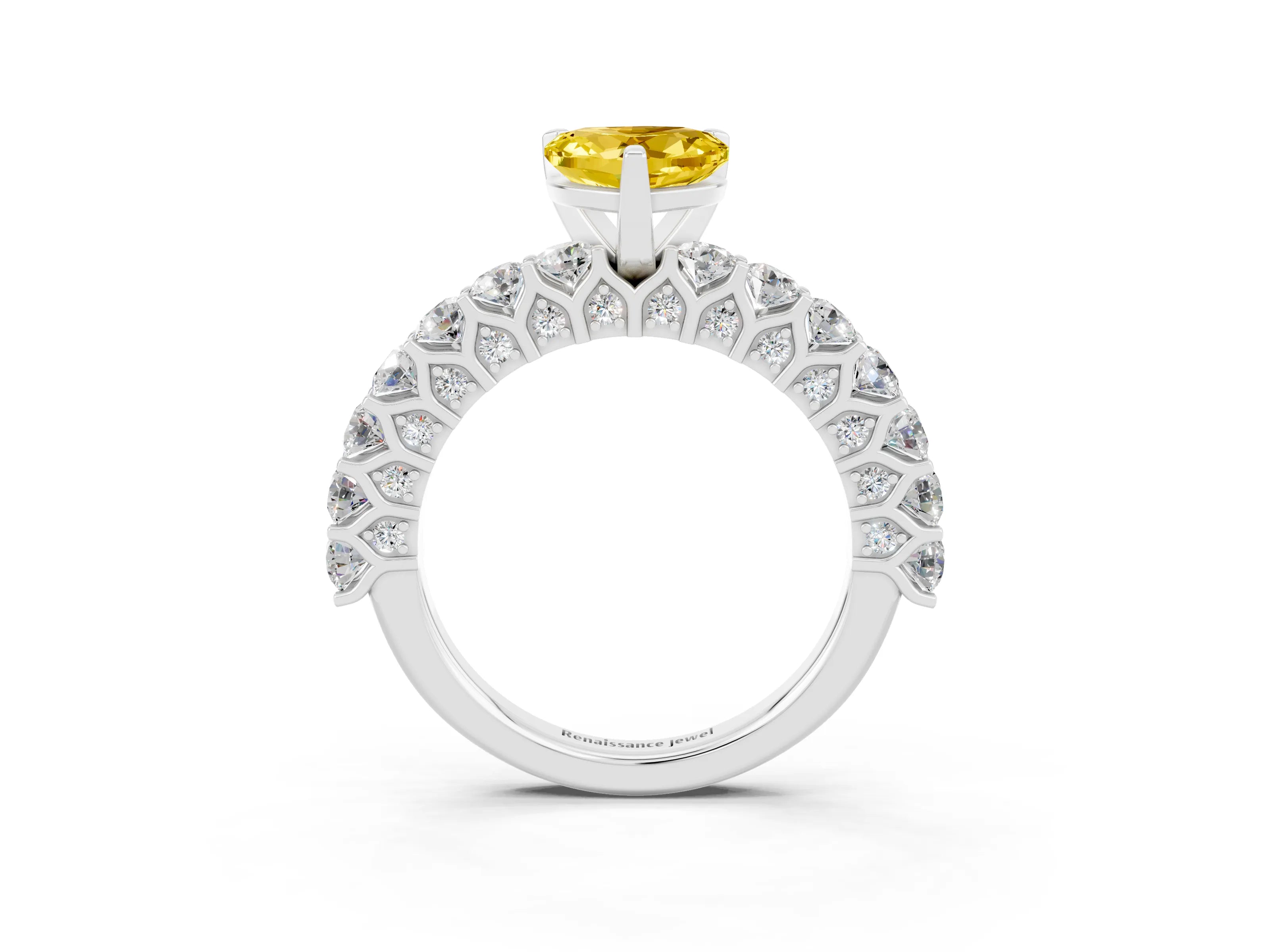 White gold Heart Cut Yellow Sapphire Solitaire Ring with Shared Prong Pavé Band and Four-Prong Setting_15