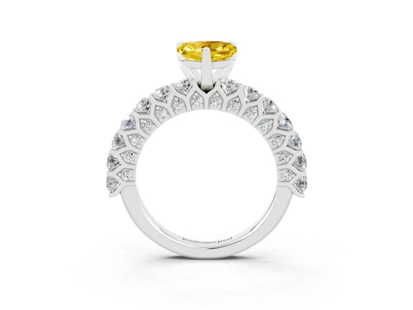 White gold Heart Cut Yellow Sapphire Solitaire Ring with Shared Prong Pavé Band and Four-Prong Setting