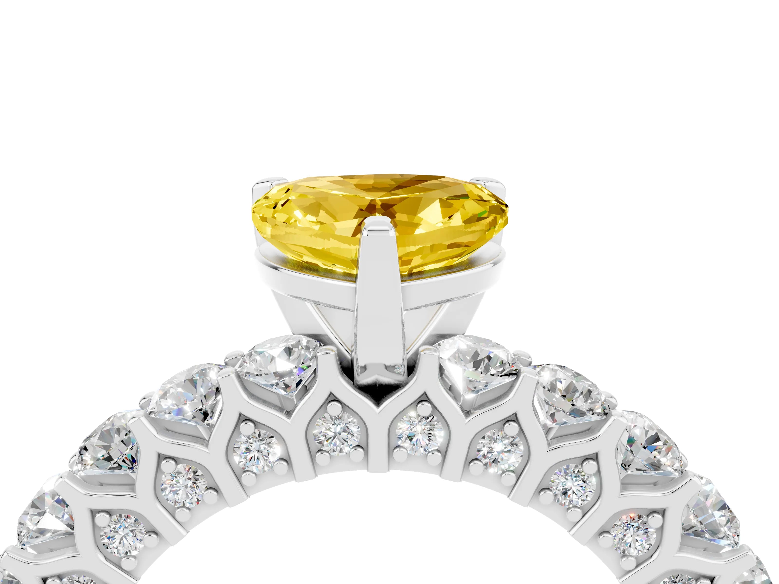 White gold Heart Cut Yellow Sapphire Solitaire Ring with Shared Prong Pavé Band and Four-Prong Setting_16