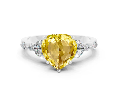 White gold Heart Cut Yellow Sapphire Solitaire Ring with Side Stones and Four-Prong Setting_24