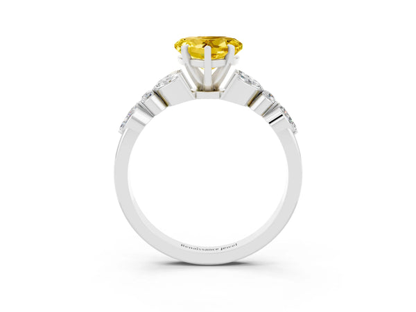 Silver Heart Cut Yellow Sapphire Solitaire Ring with Side Stones and Four-Prong Setting