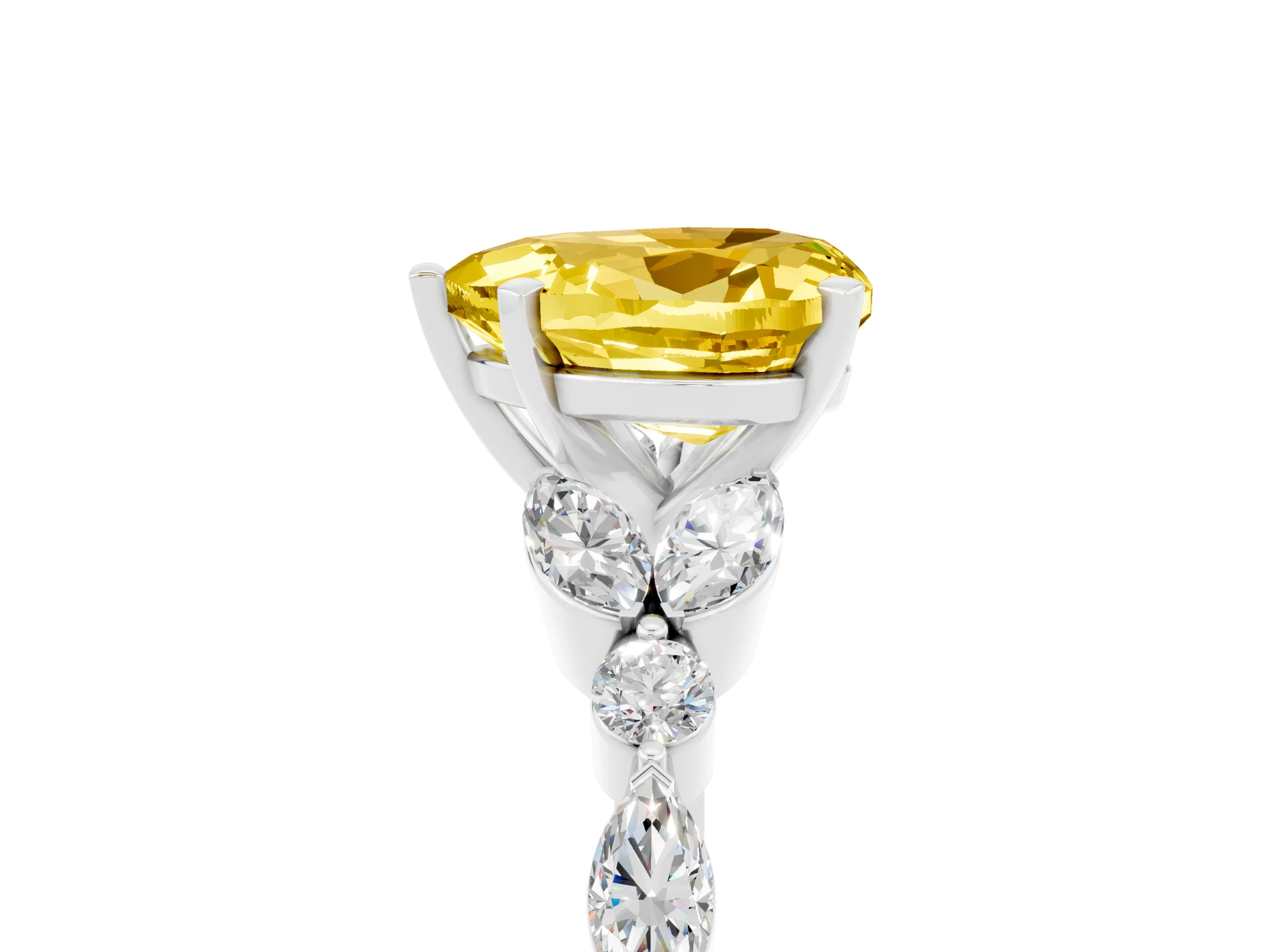 White gold Heart Cut Yellow Sapphire Solitaire Ring with Side Stones and Four-Prong Setting_29