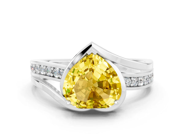 Platinum Heart Cut Yellow Sapphire Solitaire Ring with Split Shank and Prong Setting