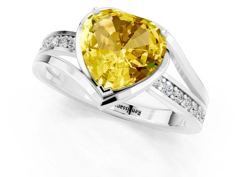 White gold Heart Cut Yellow Sapphire Solitaire Ring with Split Shank and Prong Setting_1
