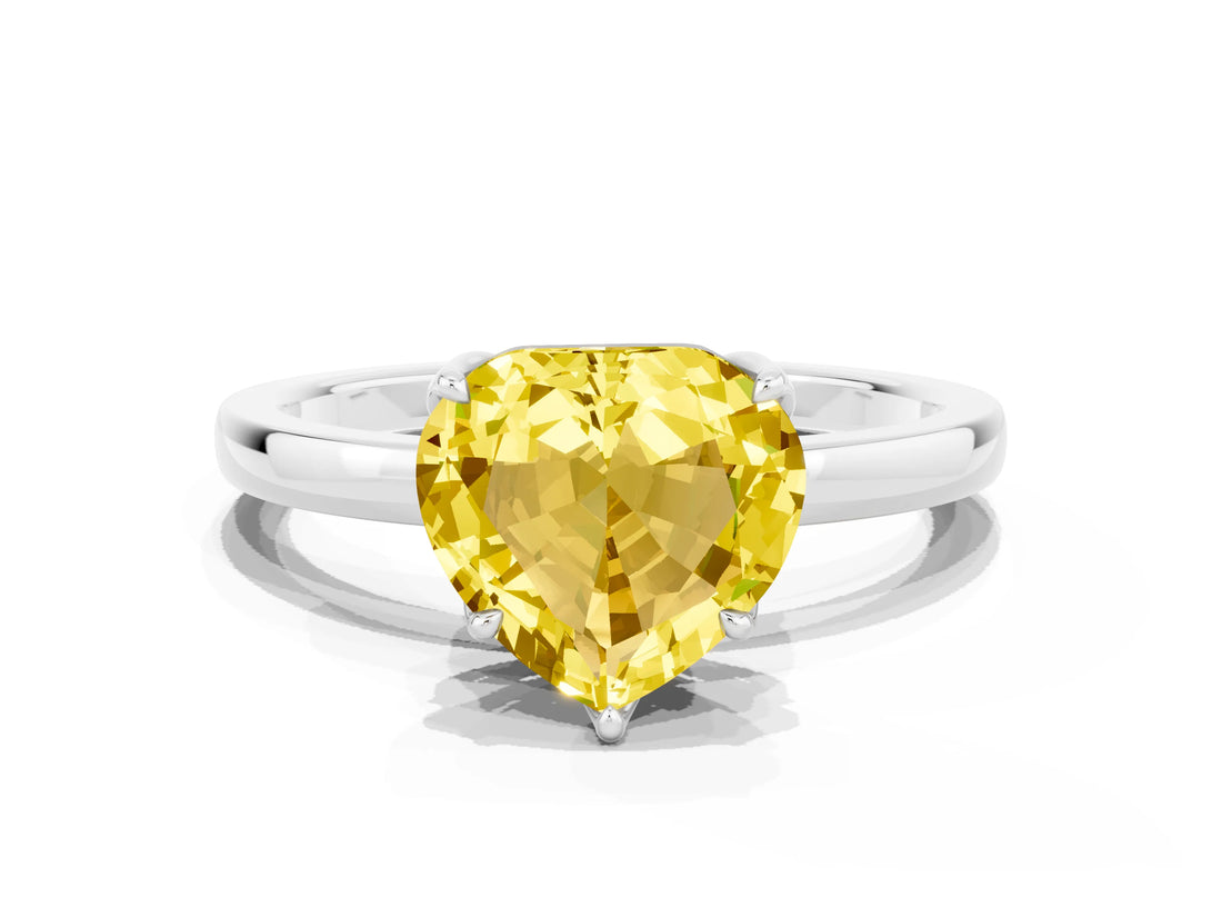 White gold Heart Cut Yellow Sapphire Solitaire Ring with Thin Band and Prong Setting_18