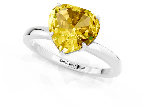 Platinum Heart Cut Yellow Sapphire Solitaire Ring with Thin Band and Prong Setting