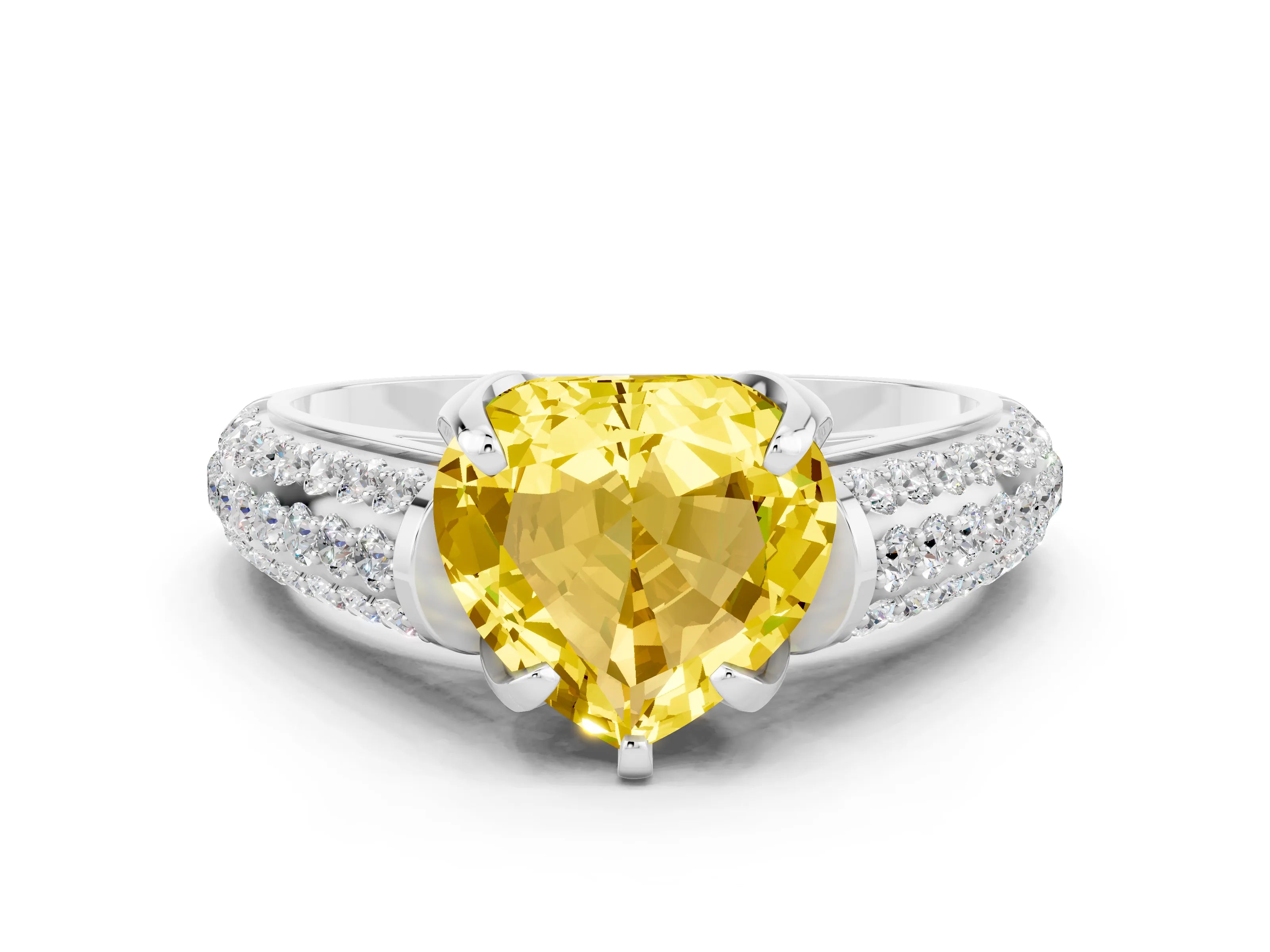 White gold Heart Cut Yellow Sapphire Solitaire Ring with Three-Row Pavé Band and Four-Prong Setting_12