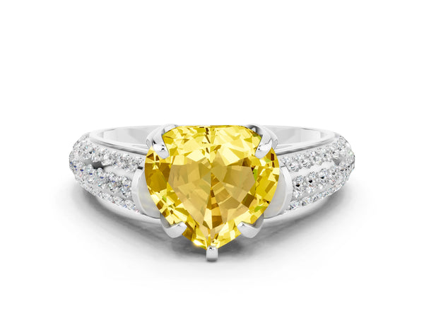 Silver Heart Cut Yellow Sapphire Solitaire Ring with Three-Row Pavé Band and Four-Prong Setting