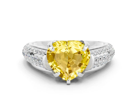 White gold Heart Cut Yellow Sapphire Solitaire Ring with Three-Row Pavé Band and Four-Prong Setting_12