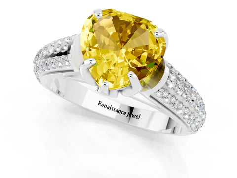 White gold Heart Cut Yellow Sapphire Solitaire Ring with Three-Row Pavé Band and Four-Prong Setting_13