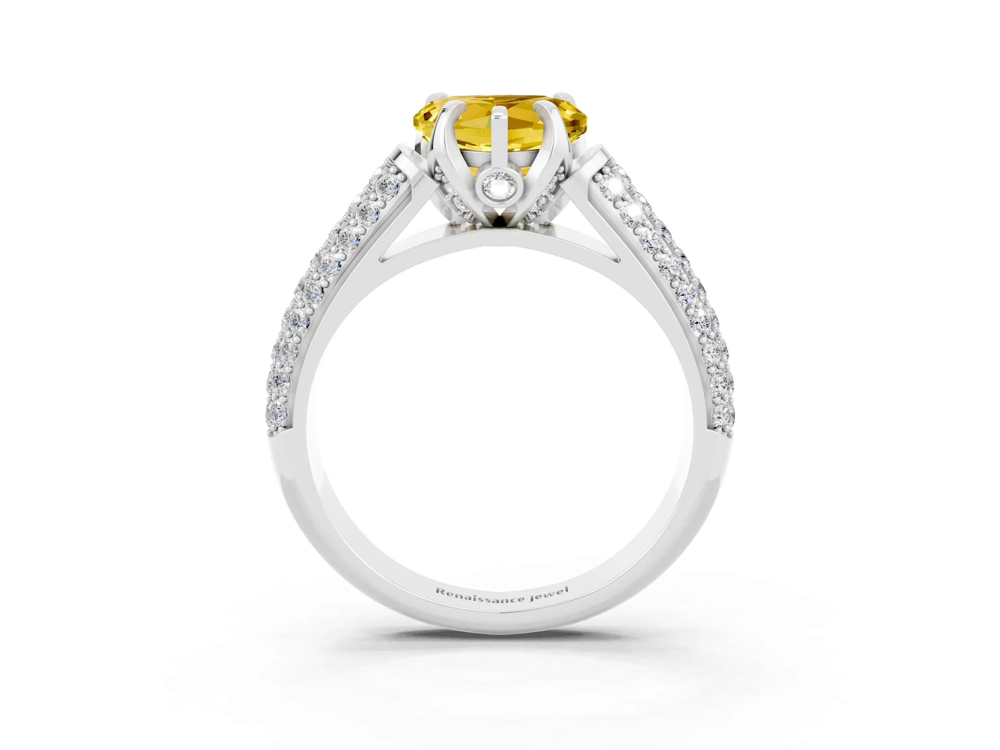 White gold Heart Cut Yellow Sapphire Solitaire Ring with Three-Row Pavé Band and Four-Prong Setting_15