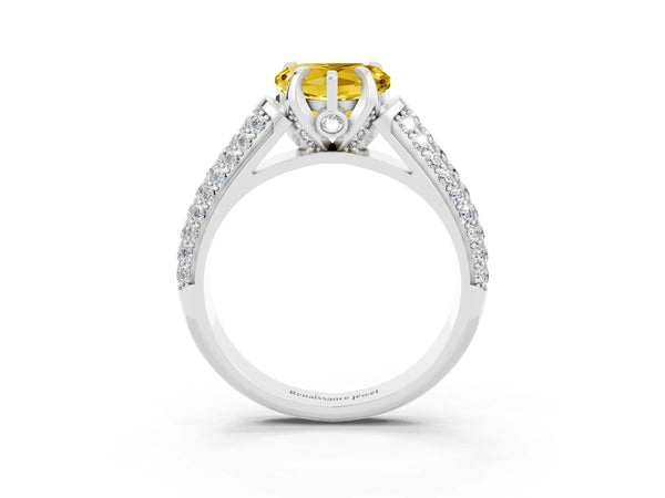 White gold Heart Cut Yellow Sapphire Solitaire Ring with Three-Row Pavé Band and Four-Prong Setting