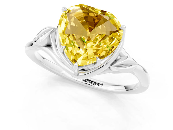 Platinum Heart Cut Yellow Sapphire Solitaire Ring with Twist Band and Four-Prong Setting
