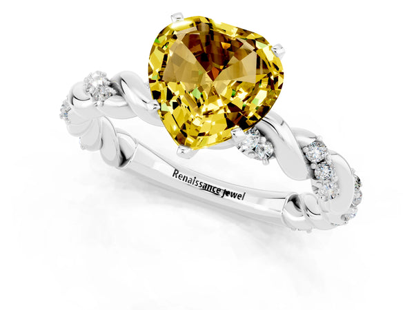 Platinum Heart Cut Yellow Sapphire Solitaire Ring with Twisted Band and Pavé Accents