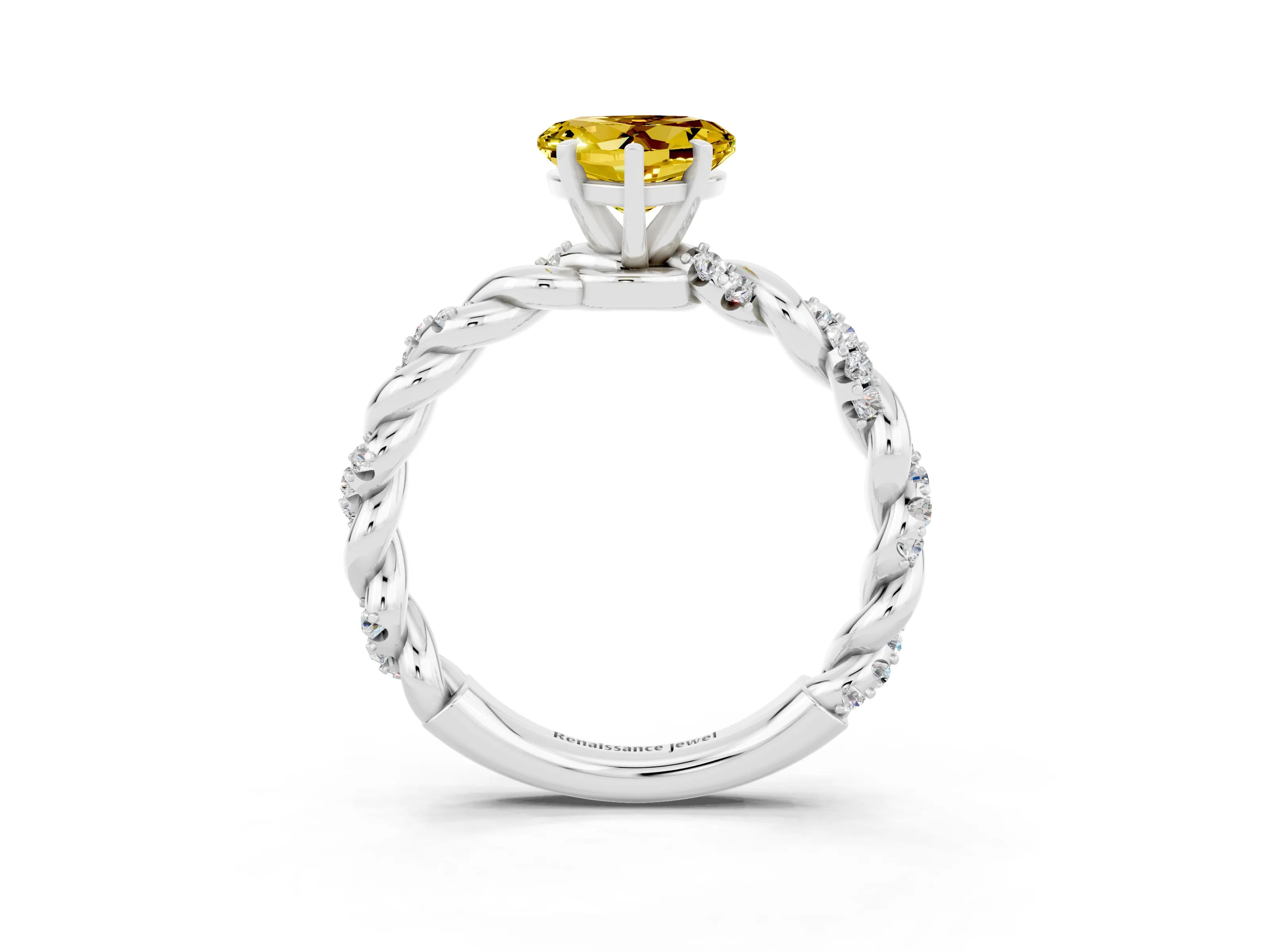 White gold Heart Cut Yellow Sapphire Solitaire Ring with Twisted Band and Pavé Accents_3