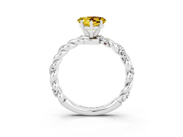 Silver Heart Cut Yellow Sapphire Solitaire Ring with Twisted Band and Pavé Accents