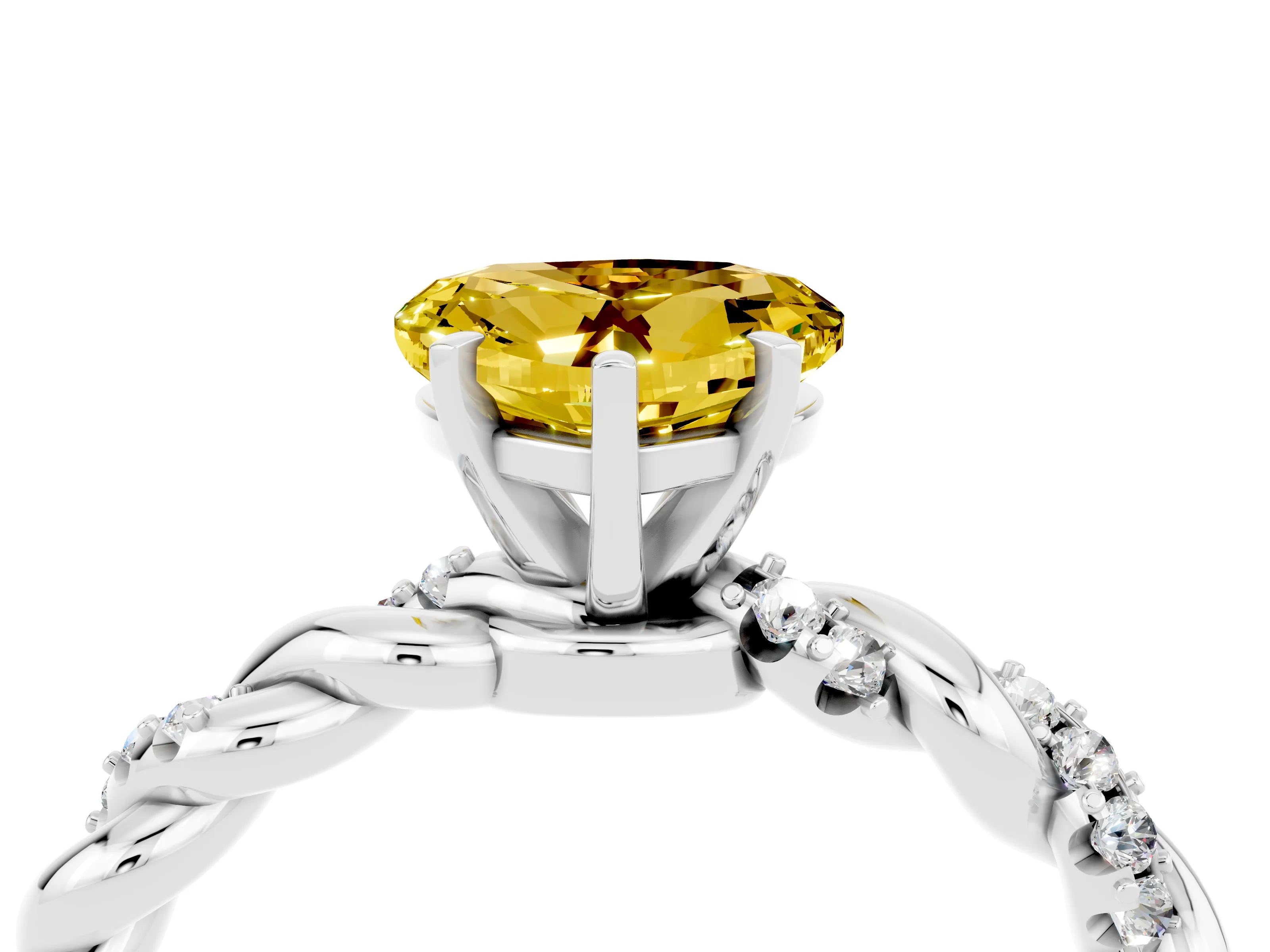 White gold Heart Cut Yellow Sapphire Solitaire Ring with Twisted Band and Pavé Accents_4