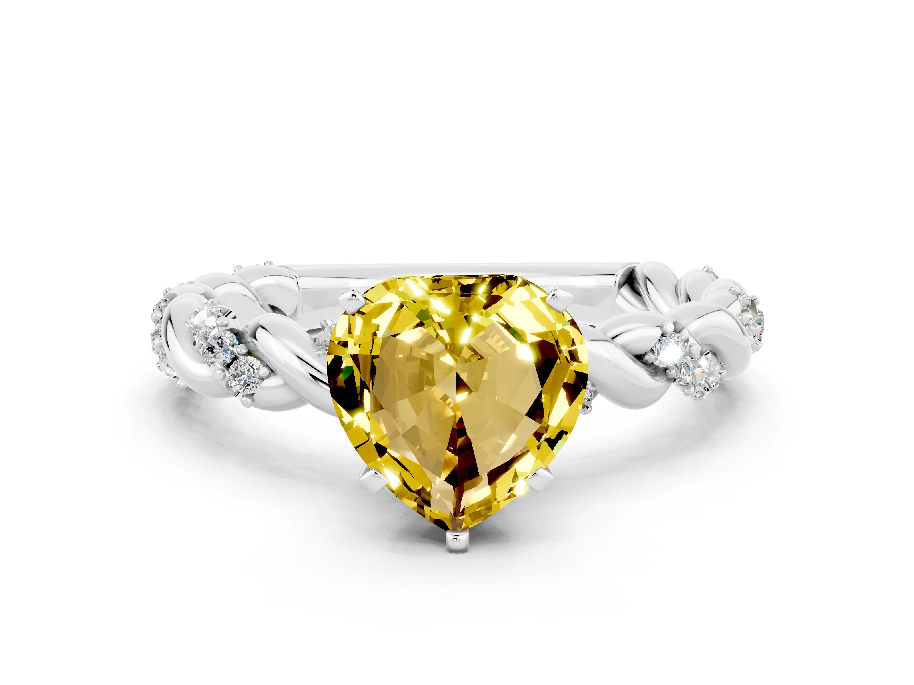 White gold Heart Cut Yellow Sapphire Solitaire Ring with Twisted Band and Pavé Accents