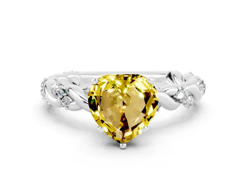 White gold Heart Cut Yellow Sapphire Solitaire Ring with Twisted Band and Pavé Accents