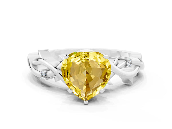 Platinum Heart Cut Yellow Sapphire Solitaire Ring with Twisted Band and Prong Setting