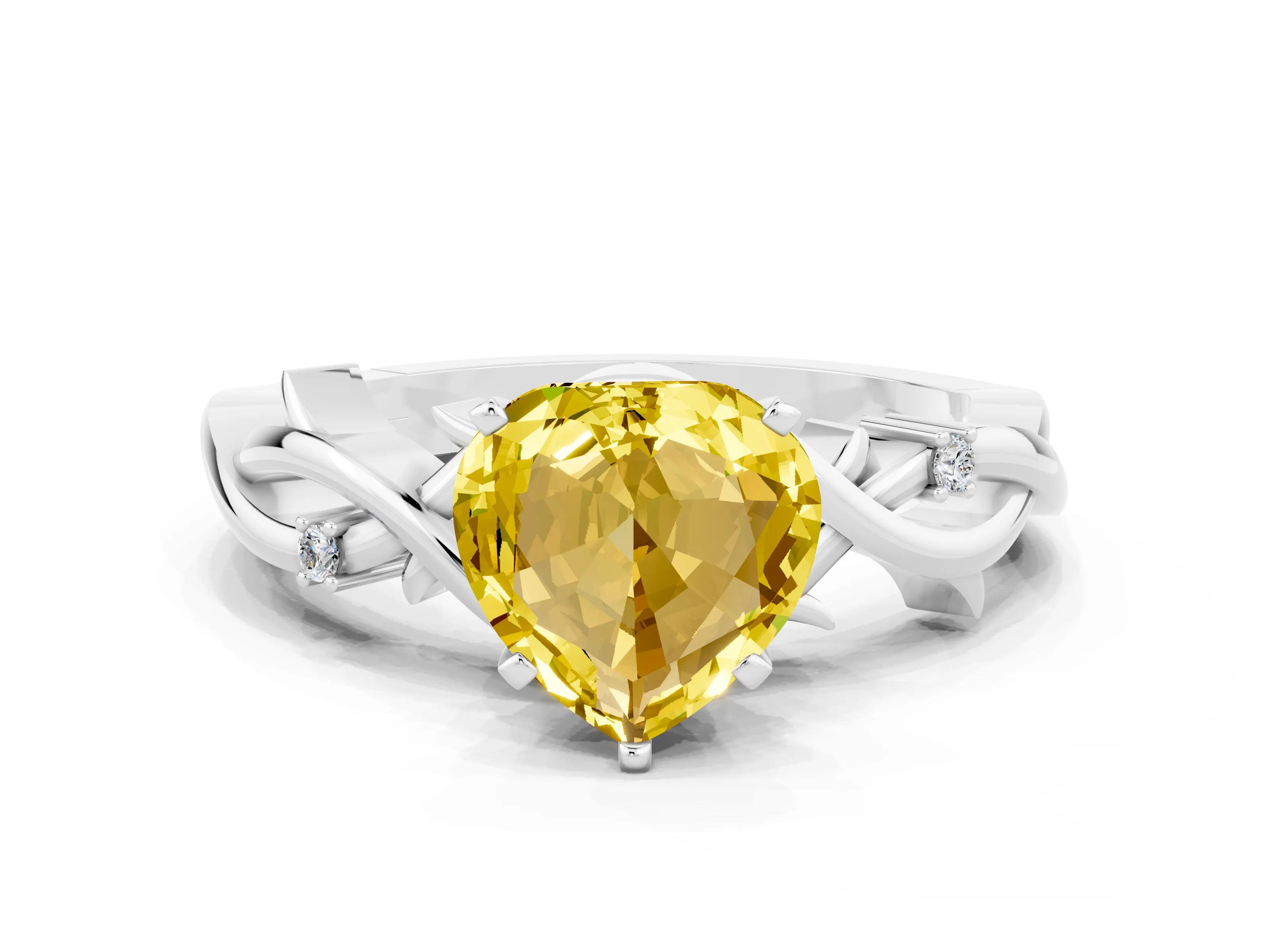White gold Heart Cut Yellow Sapphire Solitaire Ring with Twisted Band and Prong Setting_12