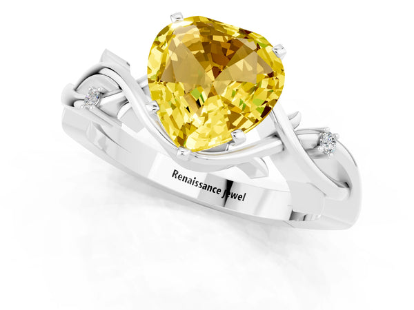 White gold Heart Cut Yellow Sapphire Solitaire Ring with Twisted Band and Prong Setting