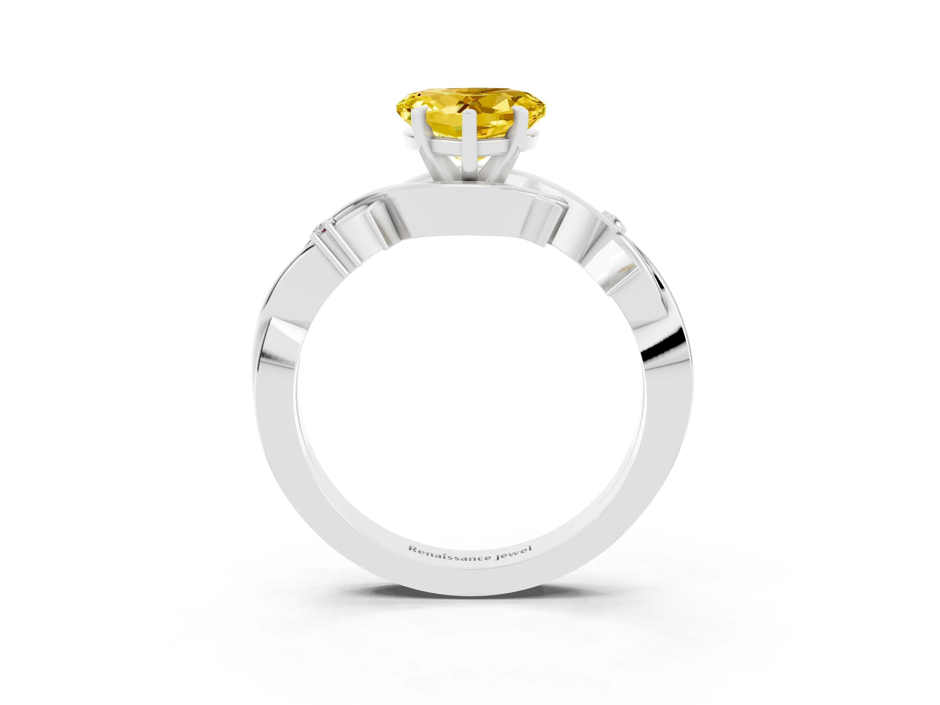 White gold Heart Cut Yellow Sapphire Solitaire Ring with Twisted Band and Prong Setting_15
