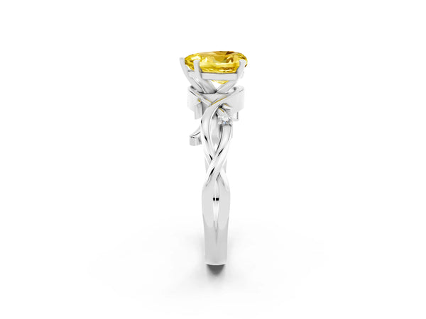 Platinum Heart Cut Yellow Sapphire Solitaire Ring with Twisted Band and Prong Setting