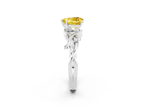 White gold Heart Cut Yellow Sapphire Solitaire Ring with Twisted Band and Prong Setting_2