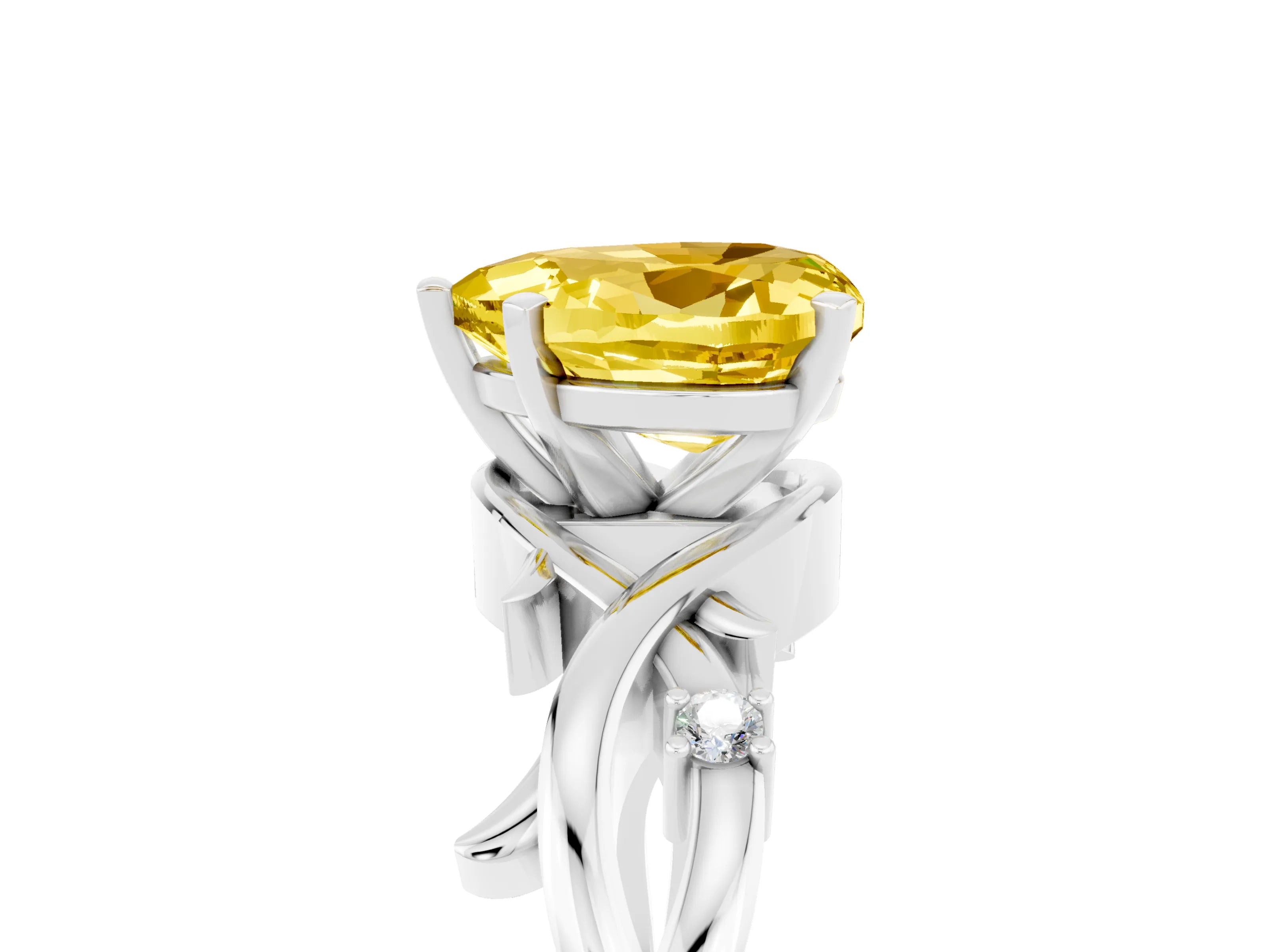 White gold Heart Cut Yellow Sapphire Solitaire Ring with Twisted Band and Prong Setting_5
