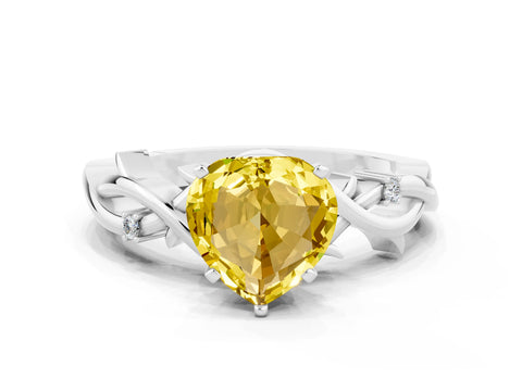 White gold Heart Cut Yellow Sapphire Solitaire Ring with Twisted Band and Prong Setting