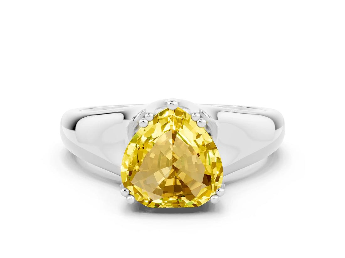 White gold Heart Cut Yellow Sapphire Solitaire Ring with Wide Band and Prong Setting_24