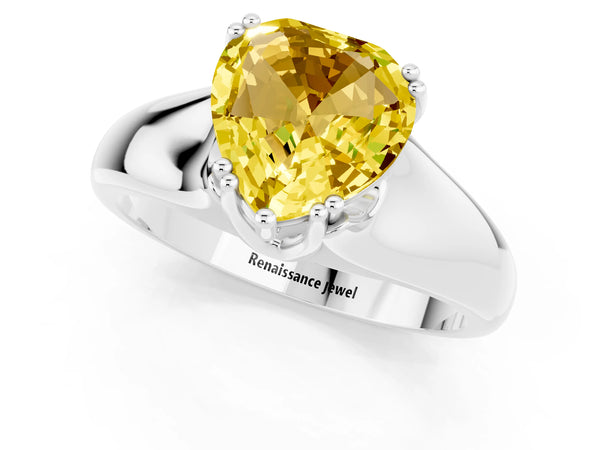 White gold Heart Cut Yellow Sapphire Solitaire Ring with Wide Band and Prong Setting